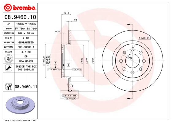 BREMBO Bremsensatz, Scheibenbremse sg00000f4m Hinterachse Innenbelüftet 264mm 22mm für OPEL VAUXHALL FIAT ABARTH