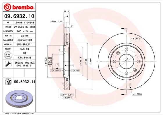 BREMBO Bremsensatz, Scheibenbremse sg00000f59 Hinterachse Innenbelüftet 260mm 24mm für CITROËN PEUGEOT
