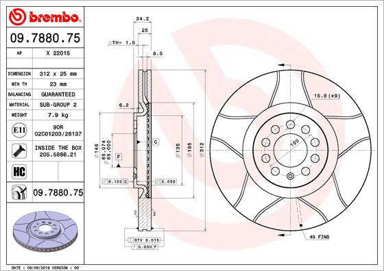 BREMBO Bremsensatz, Scheibenbremse sg00000f6p Hinterachse Geschlitzt 312mm 9mm für PEUGEOT CITROËN FORD MG (SAIC) ROEWE (SAIC) FIAT ZHONGHUA (BRILLIAN