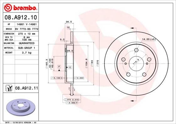 BREMBO Bremsensatz, Scheibenbremse sizw2noyv1 Hinterachse Voll 277mm 26mm für TOYOTA