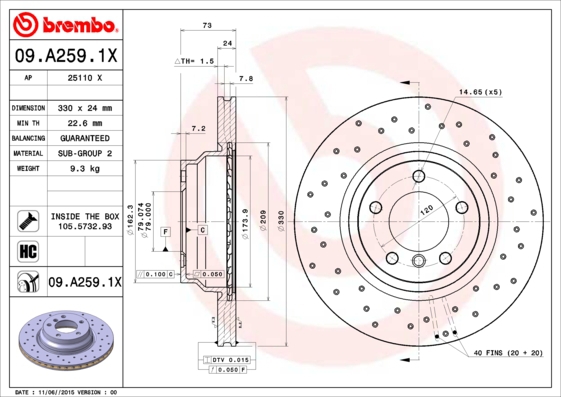 BREMBO Bremsensatz, Scheibenbremse sizw2np387 Hinterachse Gelocht/innenbel. 336mm 24mm für BMW