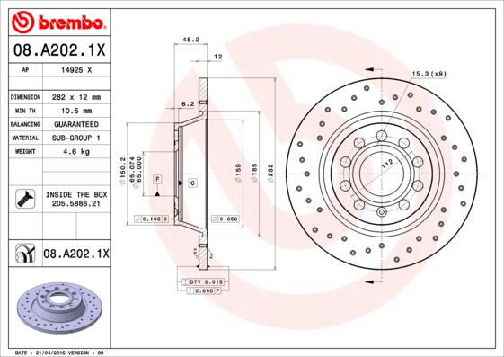 BREMBO Bremsensatz, Scheibenbremse sizw2npya3 Hinterachse Gelocht 282mm 22mm für ROEWE (SAIC) SEAT SKODA VW VW (FAW) VW (SVW) AUDI AUDI (FAW) SKODA (S