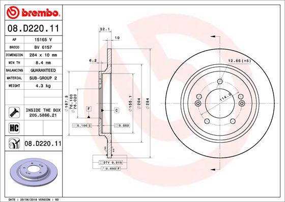 BREMBO Bremsensatz, Scheibenbremse sizw2nrp66 Hinterachse Voll 284mm 25mm für KIA HYUNDAI